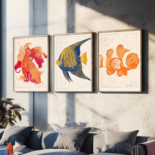 Tropical Fish Set of Three Art Prints - Goldfish, Angelfish, Clownfish - Linocut Style Fish Poster Woodcut Illustration V1