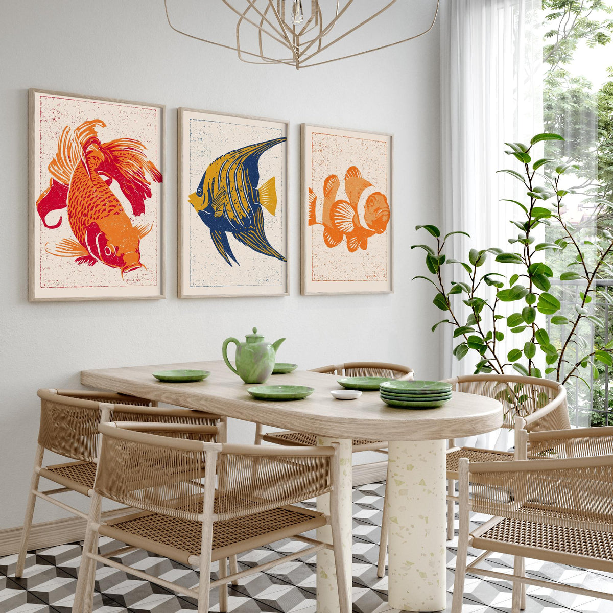 Tropical Fish Set of Three Art Prints - Goldfish, Angelfish, Clownfish - Linocut Style Fish Poster Woodcut Illustration V1