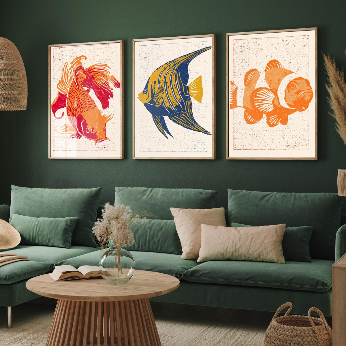 Tropical Fish Set of Three Art Prints - Goldfish, Angelfish, Clownfish - Linocut Style Fish Poster Woodcut Illustration V1
