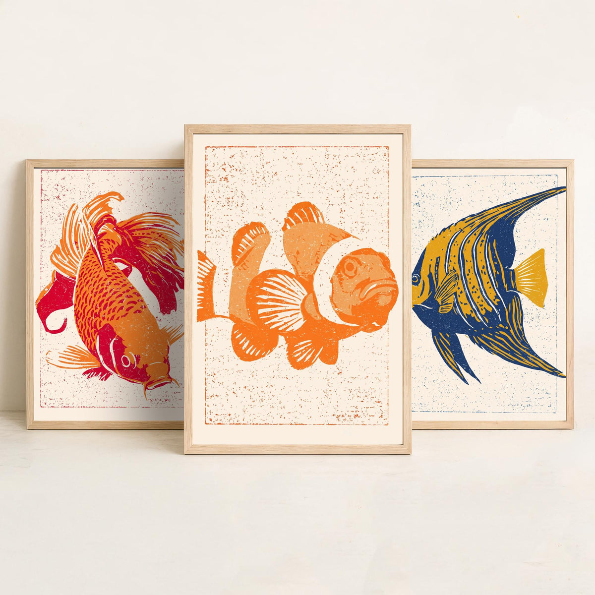 Tropical Fish Set of Three Art Prints - Goldfish, Angelfish, Clownfish - Linocut Style Fish Poster Woodcut Illustration V1