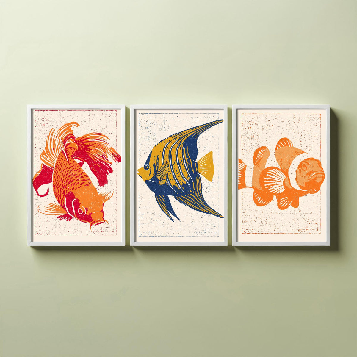 Tropical Fish Set of Three Art Prints - Goldfish, Angelfish, Clownfish - Linocut Style Fish Poster Woodcut Illustration V1