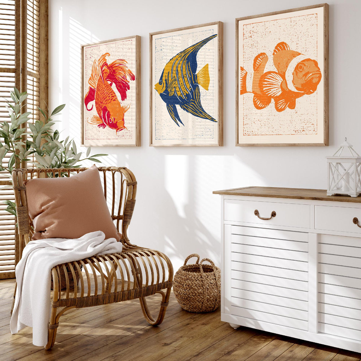 Tropical Fish Set of Three Art Prints - Goldfish, Angelfish, Clownfish - Linocut Style Fish Poster Woodcut Illustration V1