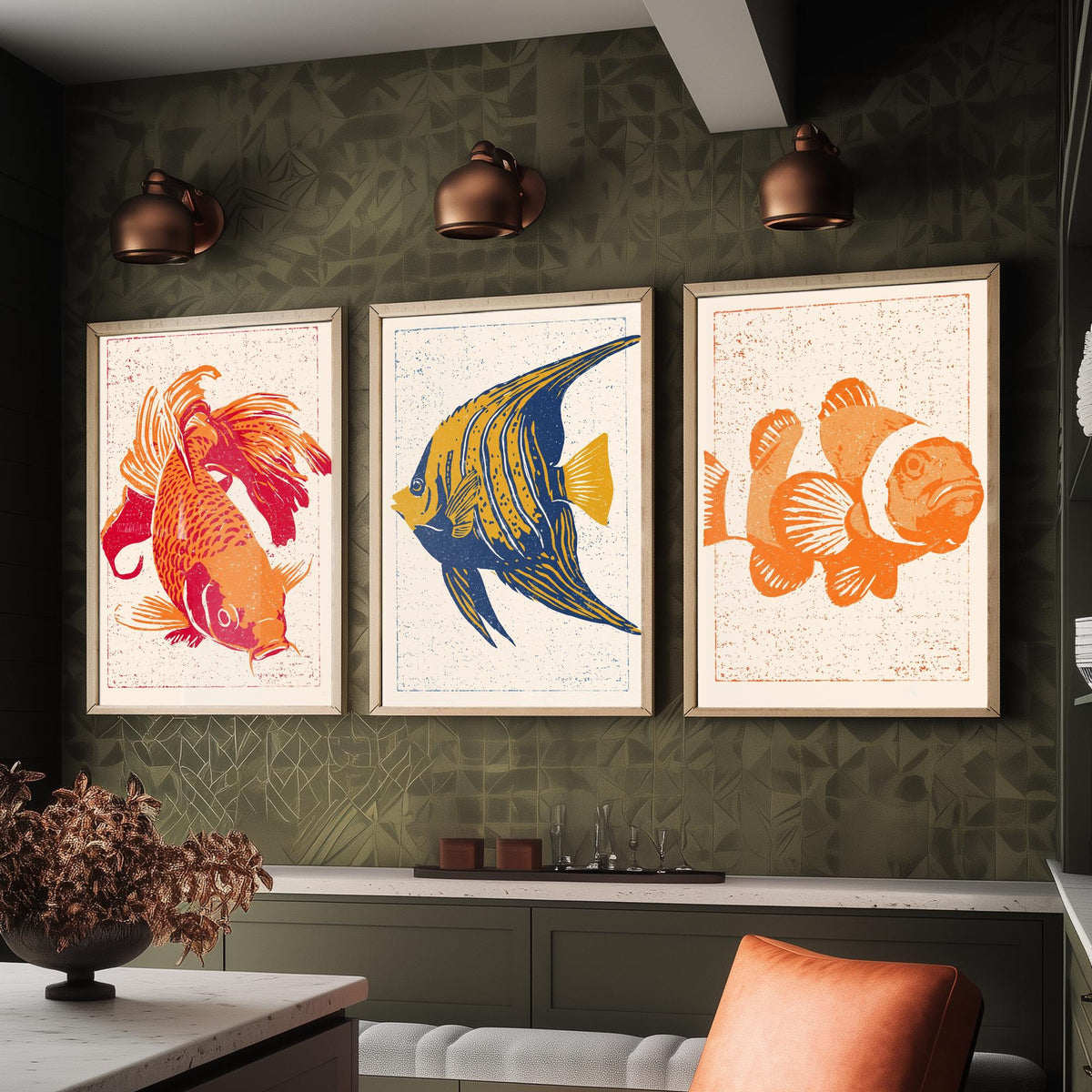 Tropical Fish Set of Three Art Prints - Goldfish, Angelfish, Clownfish - Linocut Style Fish Poster Woodcut Illustration V1