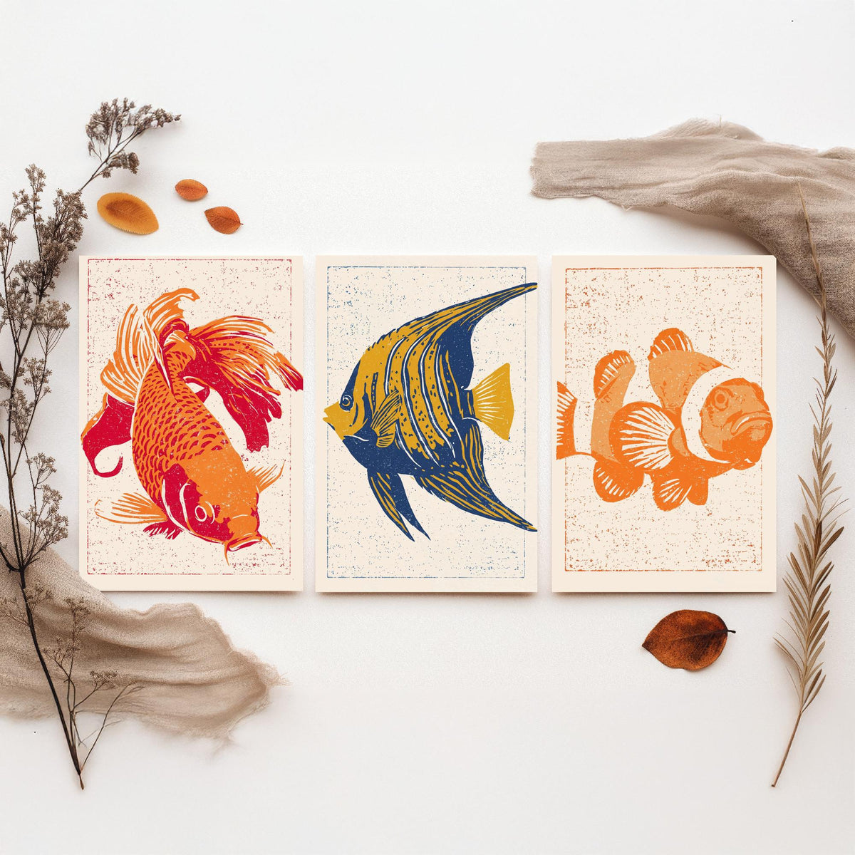 Tropical Fish Set of Three Art Prints - Goldfish, Angelfish, Clownfish - Linocut Style Fish Poster Woodcut Illustration V1