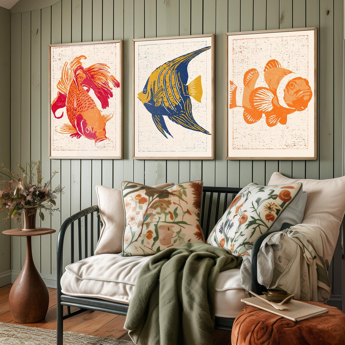 Tropical Fish Set of Three Art Prints - Goldfish, Angelfish, Clownfish - Linocut Style Fish Poster Woodcut Illustration V1