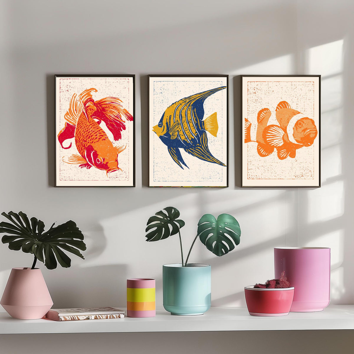 Tropical Fish Set of Three Art Prints - Goldfish, Angelfish, Clownfish - Linocut Style Fish Poster Woodcut Illustration V1