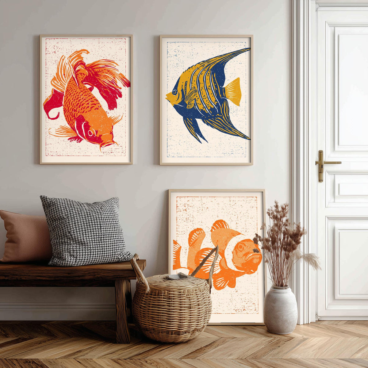 Tropical Fish Set of Three Art Prints - Goldfish, Angelfish, Clownfish - Linocut Style Fish Poster Woodcut Illustration V1