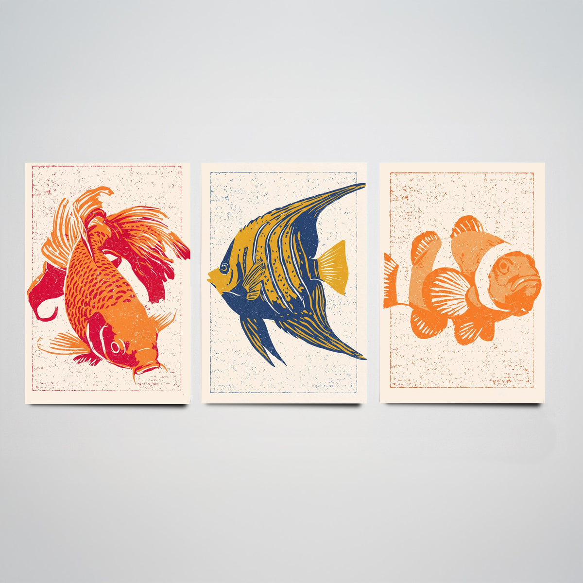 Tropical Fish Set of Three Art Prints - Goldfish, Angelfish, Clownfish - Linocut Style Fish Poster Woodcut Illustration V1