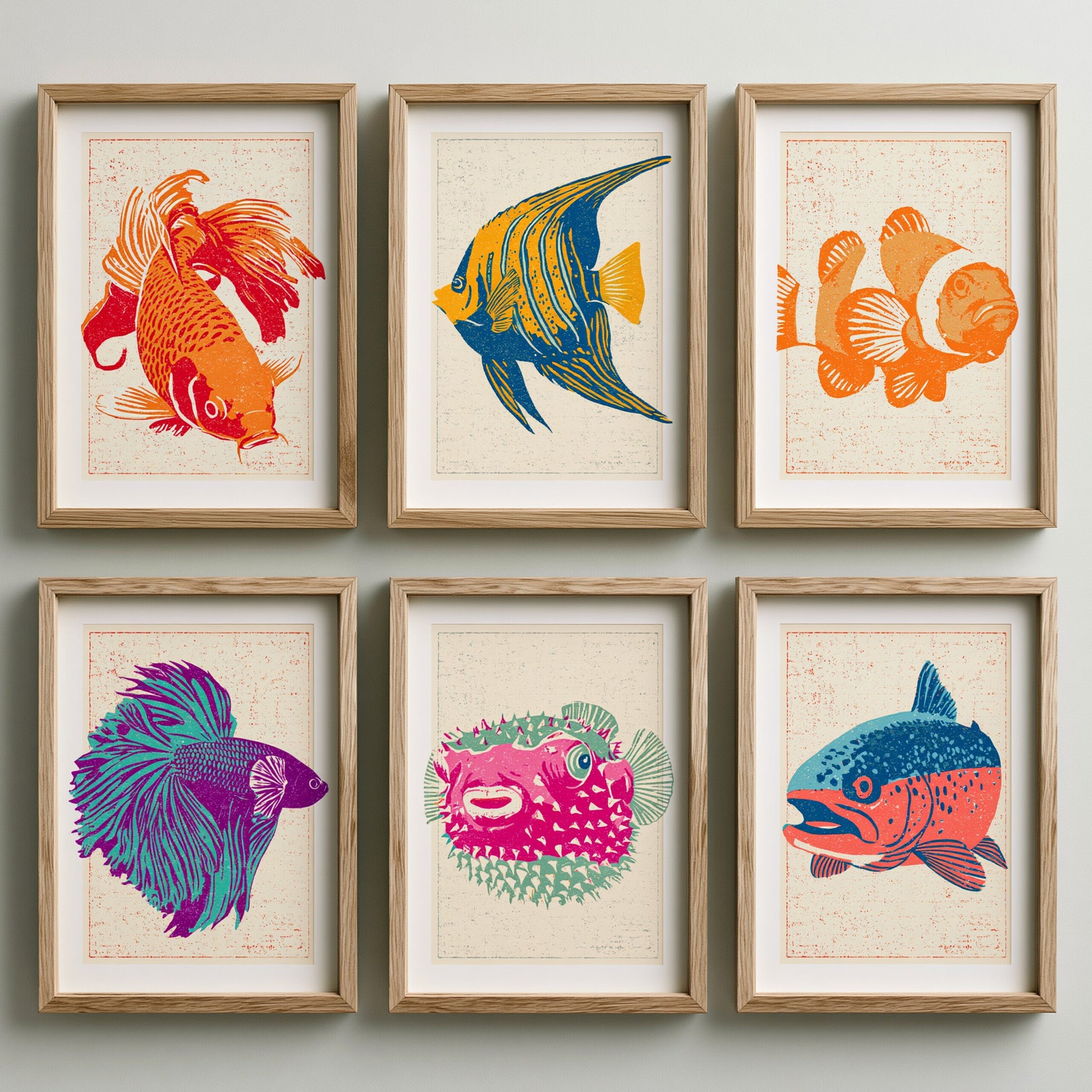 Set of Six Tropical Fish Linocut Art Prints - 6 Illustrations - Poster - Goldfish, Angelfish, Clownfish, Betta, Pufferfish, Salmon