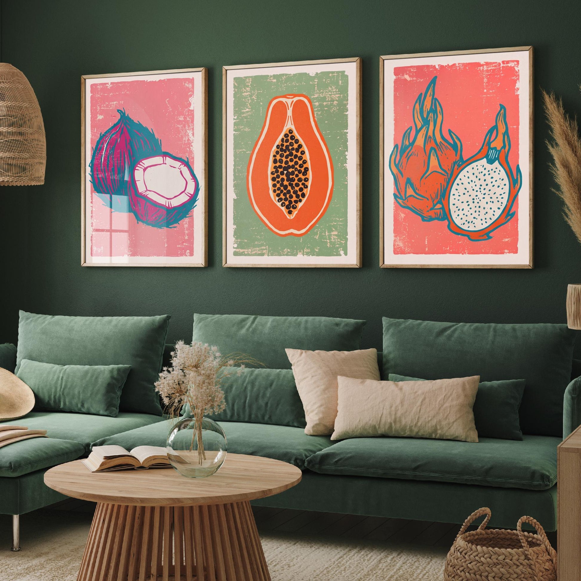 Set of Three Coconut, Papaya and Dragon Fruit Art Prints - Tropical Fruit Linocut Illustrations - Exotic Kitchen Posters V2
