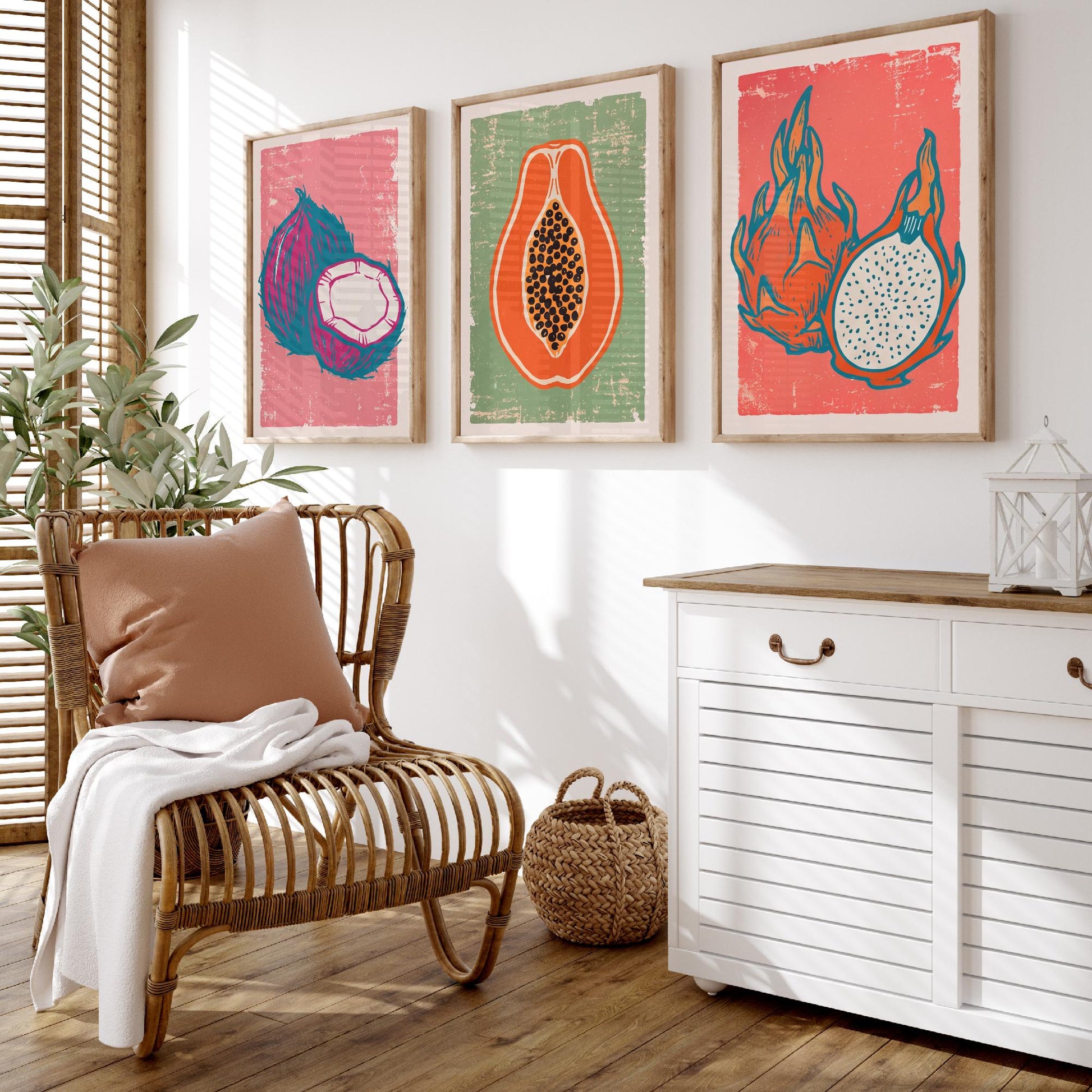 Set of Three Coconut, Papaya and Dragon Fruit Art Prints - Tropical Fruit Linocut Illustrations - Exotic Kitchen Posters V2