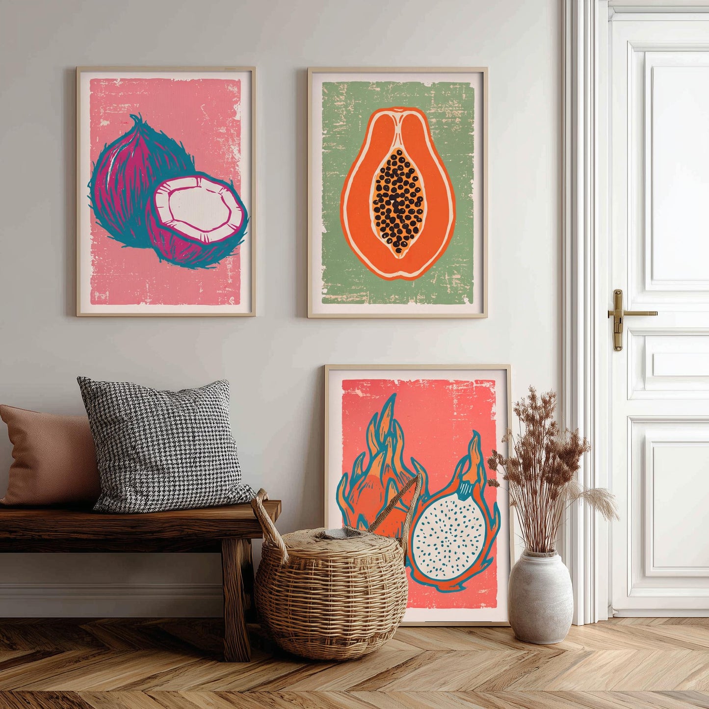 Set of Three Coconut, Papaya and Dragon Fruit Art Prints - Tropical Fruit Linocut Illustrations - Exotic Kitchen Posters V2