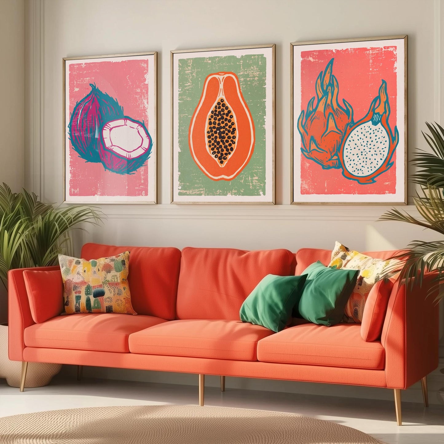 Set of Three Coconut, Papaya and Dragon Fruit Art Prints - Tropical Fruit Linocut Illustrations - Exotic Kitchen Posters V2