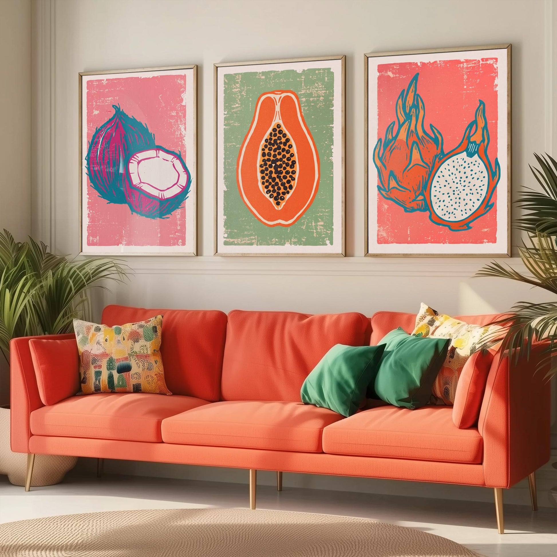 Set of Three Coconut, Papaya and Dragon Fruit Art Prints - Tropical Fruit Linocut Illustrations - Exotic Kitchen Posters V2