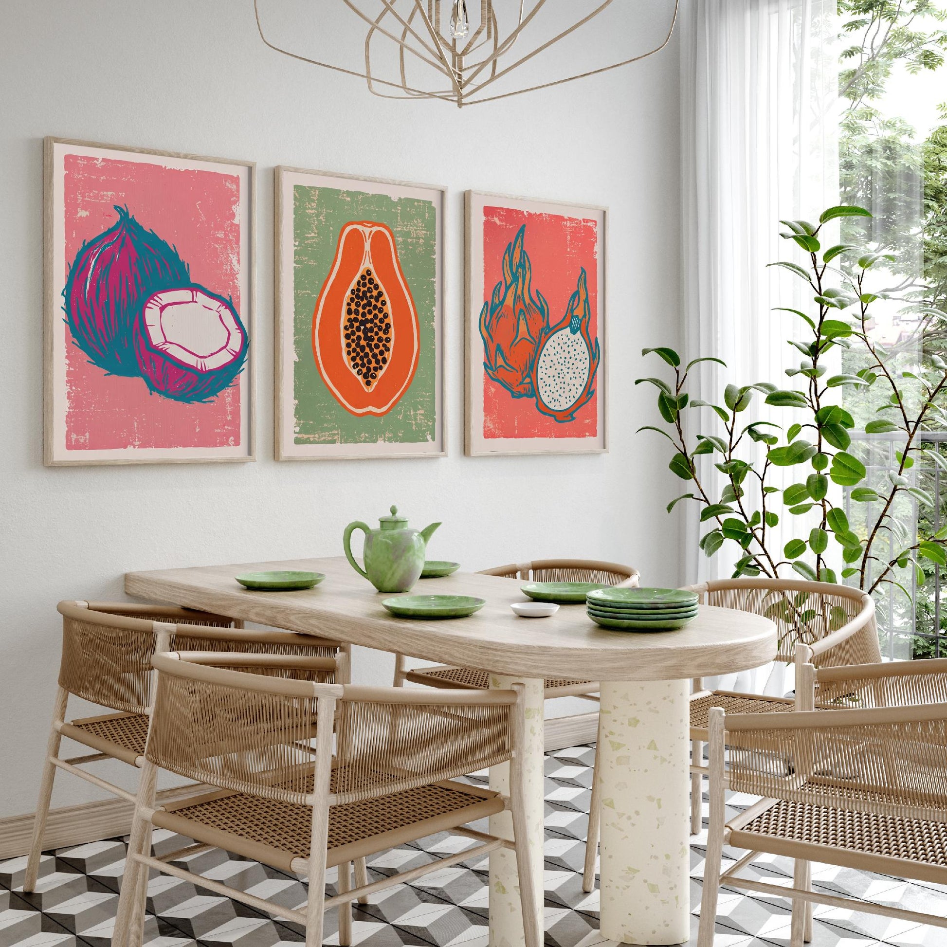 Set of Three Coconut, Papaya and Dragon Fruit Art Prints - Tropical Fruit Linocut Illustrations - Exotic Kitchen Posters V2
