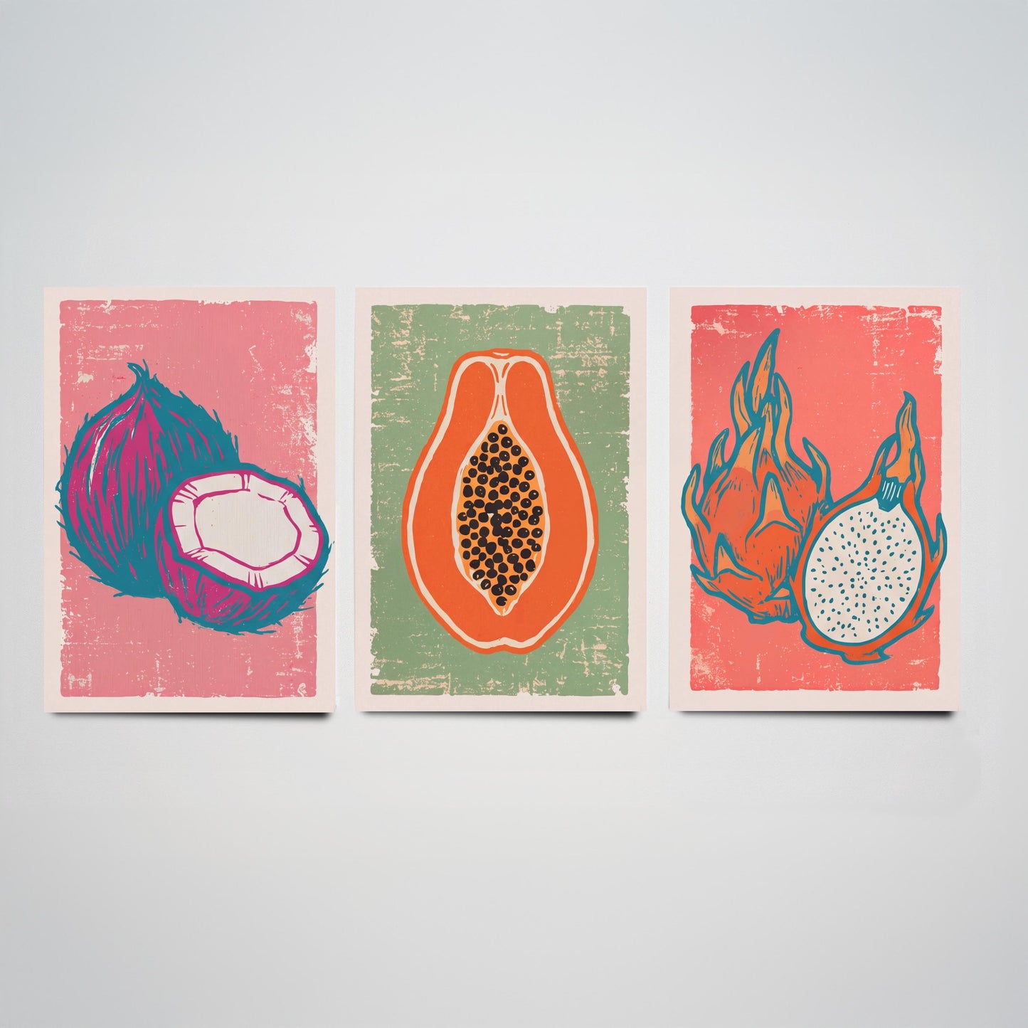 Set of Three Coconut, Papaya and Dragon Fruit Art Prints - Tropical Fruit Linocut Illustrations - Exotic Kitchen Posters V2