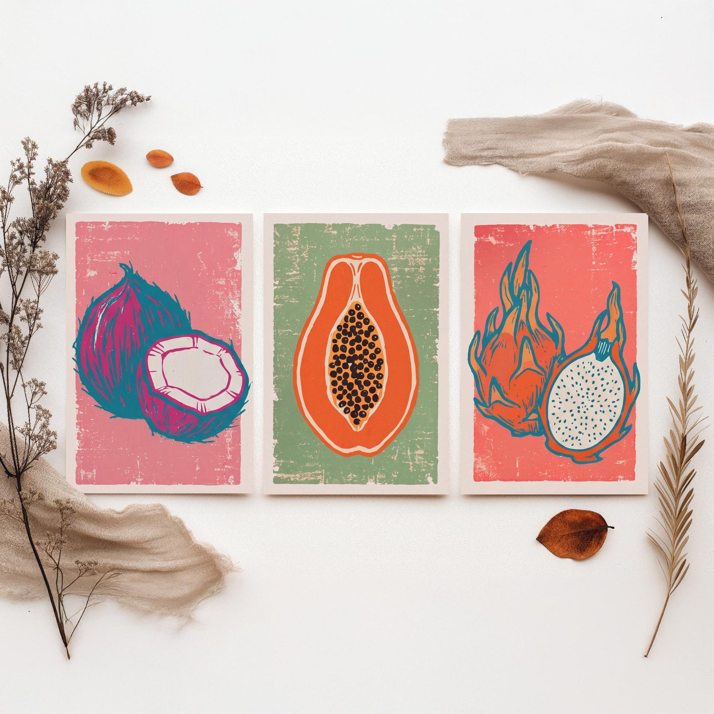 Set of Three Coconut, Papaya and Dragon Fruit Art Prints - Tropical Fruit Linocut Illustrations - Exotic Kitchen Posters V2