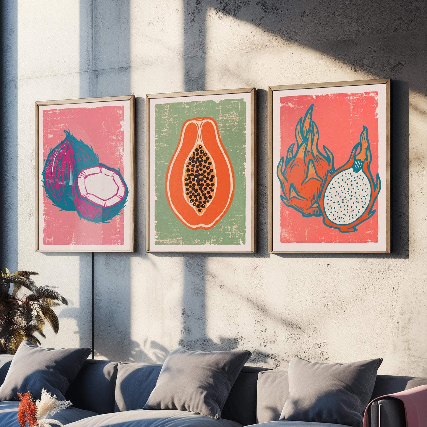 Set of Three Coconut, Papaya and Dragon Fruit Art Prints - Tropical Fruit Linocut Illustrations - Exotic Kitchen Posters V2