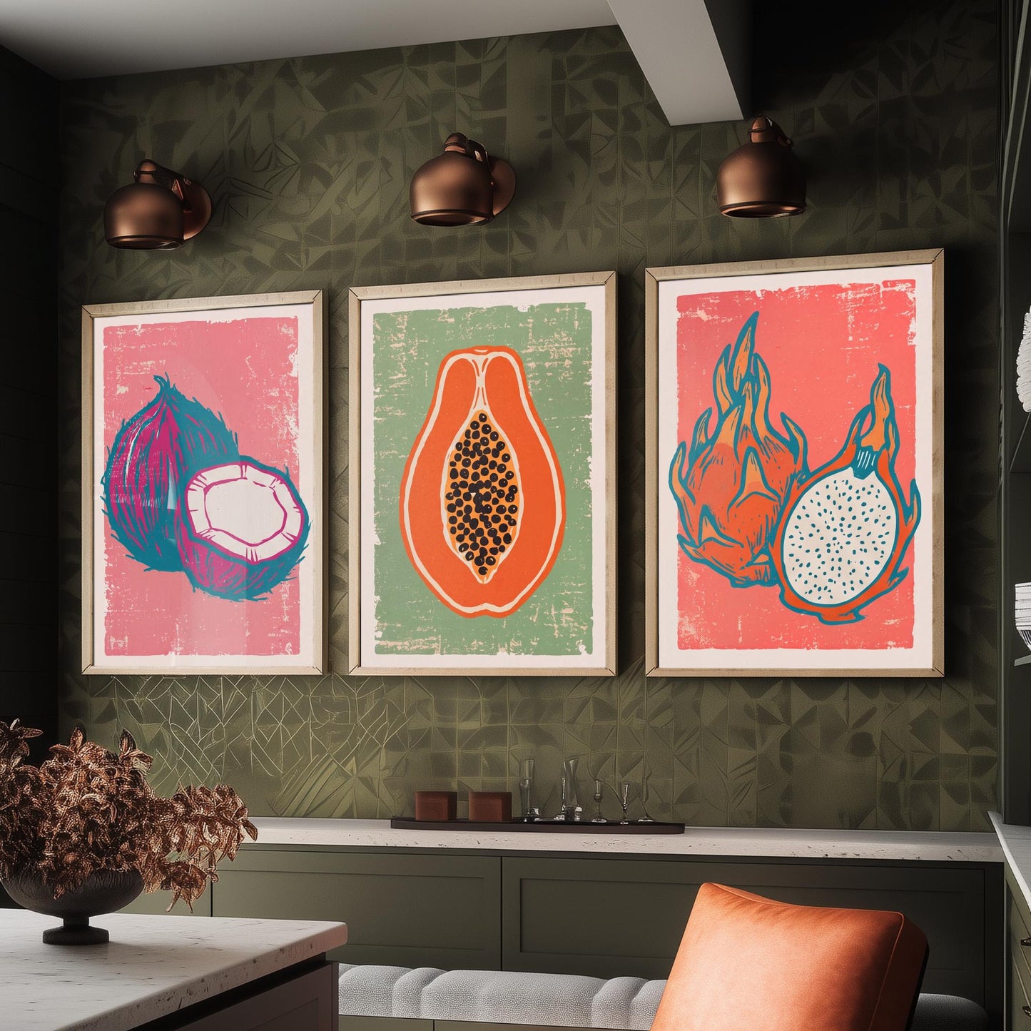 Set of Three Coconut, Papaya and Dragon Fruit Art Prints - Tropical Fruit Linocut Illustrations - Exotic Kitchen Posters V2