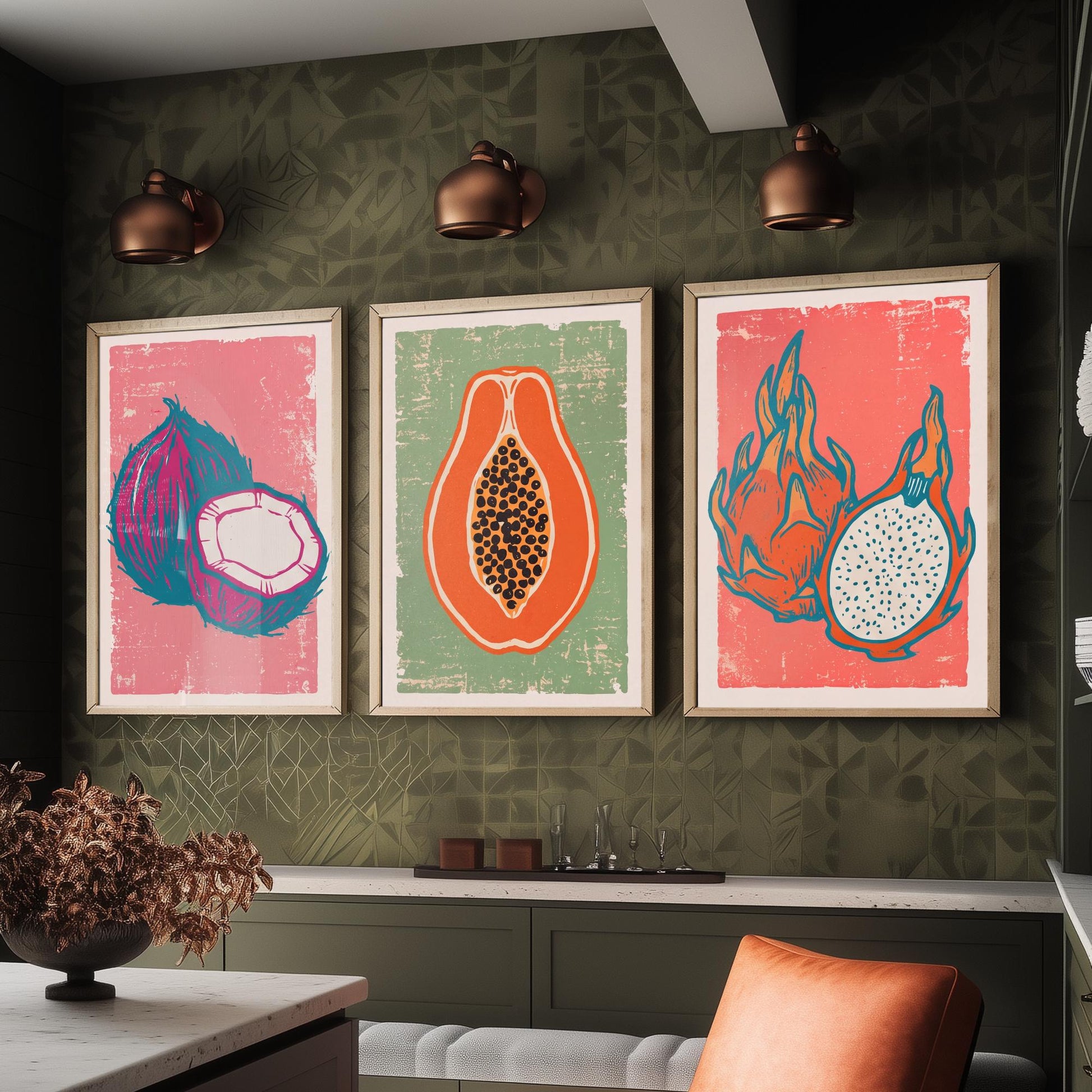 Set of Three Coconut, Papaya and Dragon Fruit Art Prints - Tropical Fruit Linocut Illustrations - Exotic Kitchen Posters V2