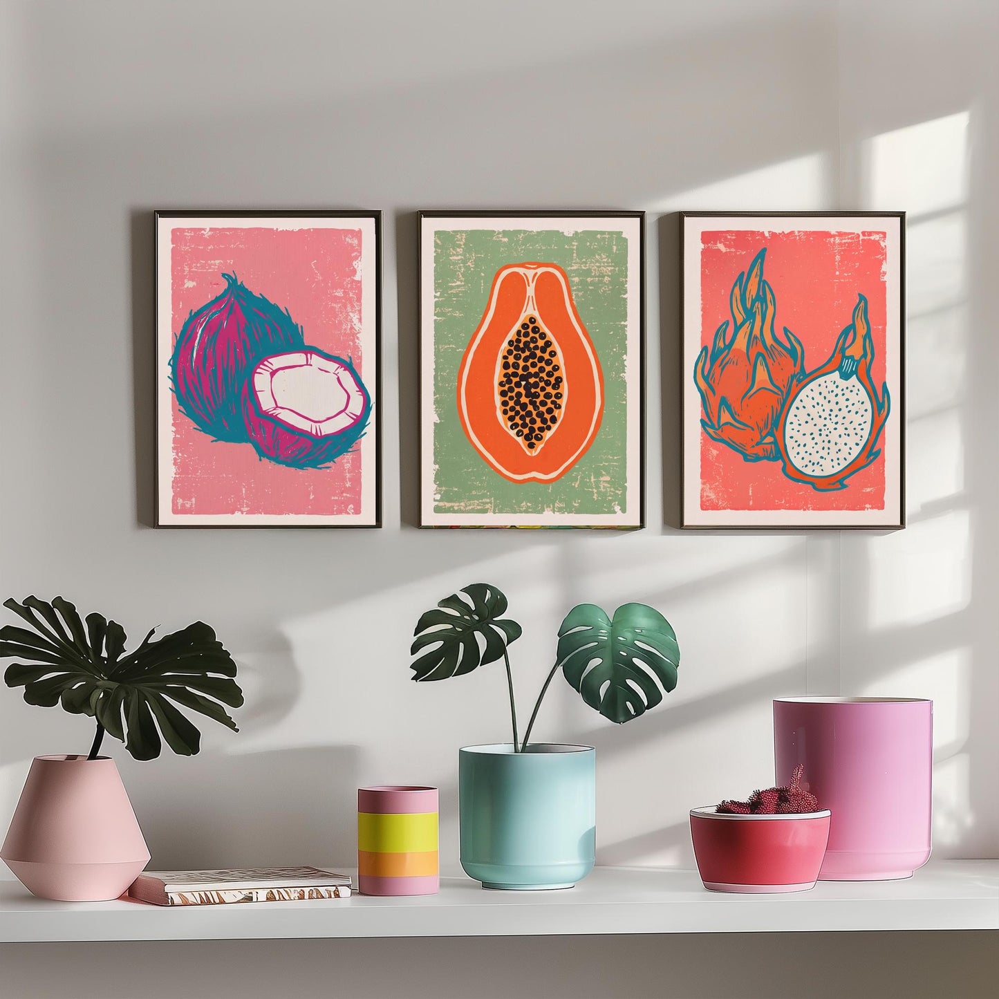 Set of Three Coconut, Papaya and Dragon Fruit Art Prints - Tropical Fruit Linocut Illustrations - Exotic Kitchen Posters V2