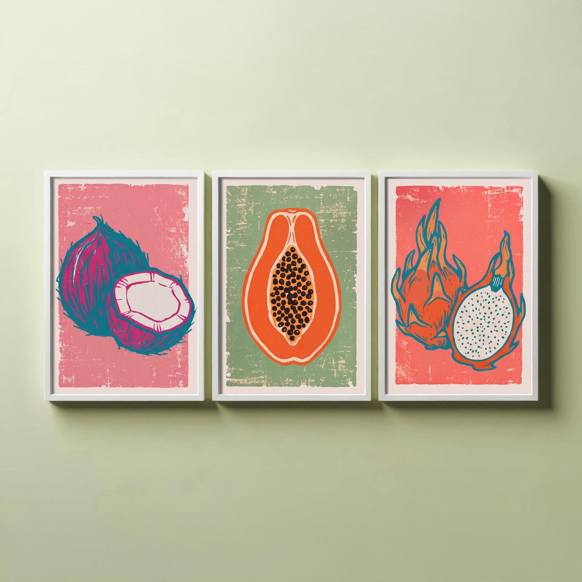Set of Three Coconut, Papaya and Dragon Fruit Art Prints - Tropical Fruit Linocut Illustrations - Exotic Kitchen Posters V2