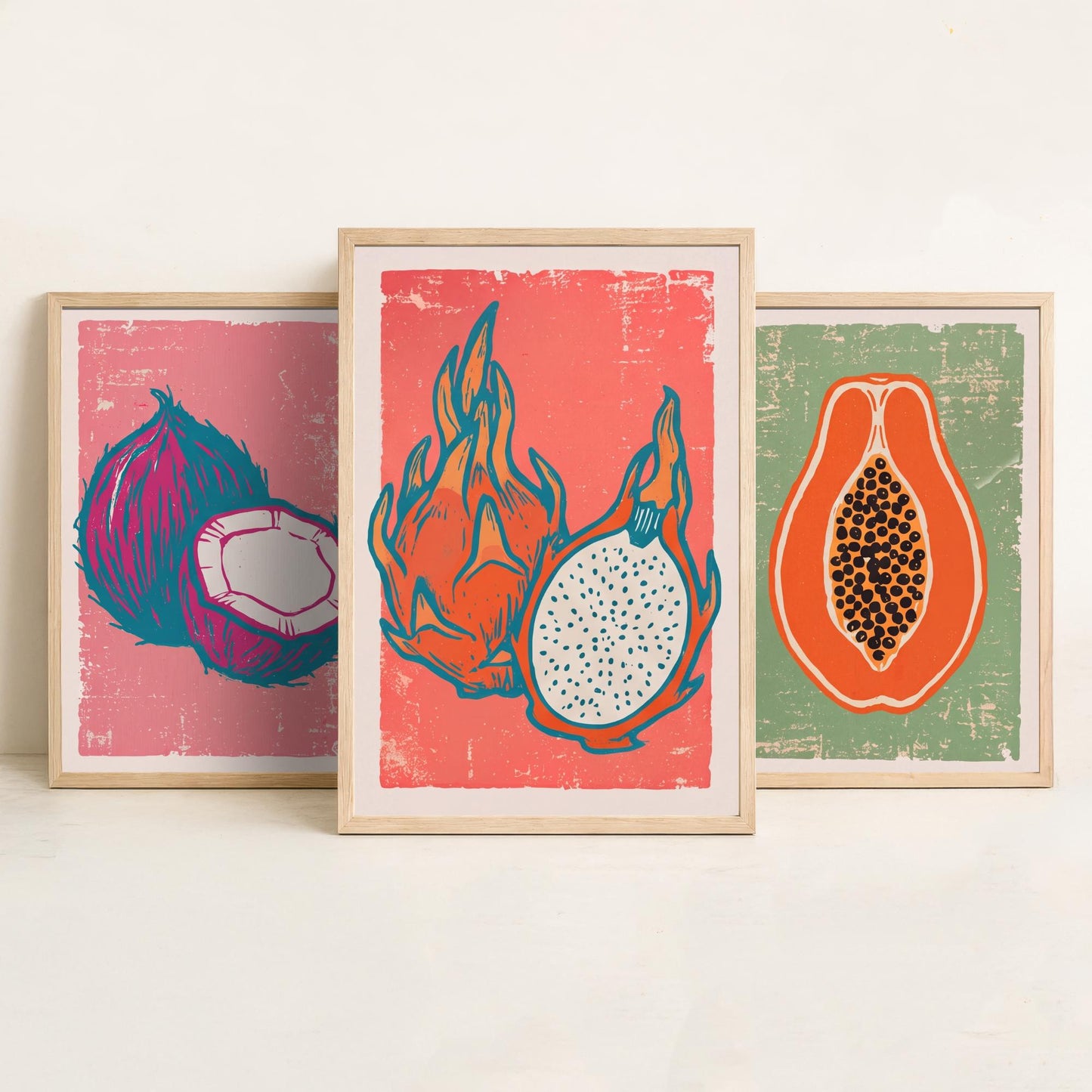 Set of Three Coconut, Papaya and Dragon Fruit Art Prints - Tropical Fruit Linocut Illustrations - Exotic Kitchen Posters V2