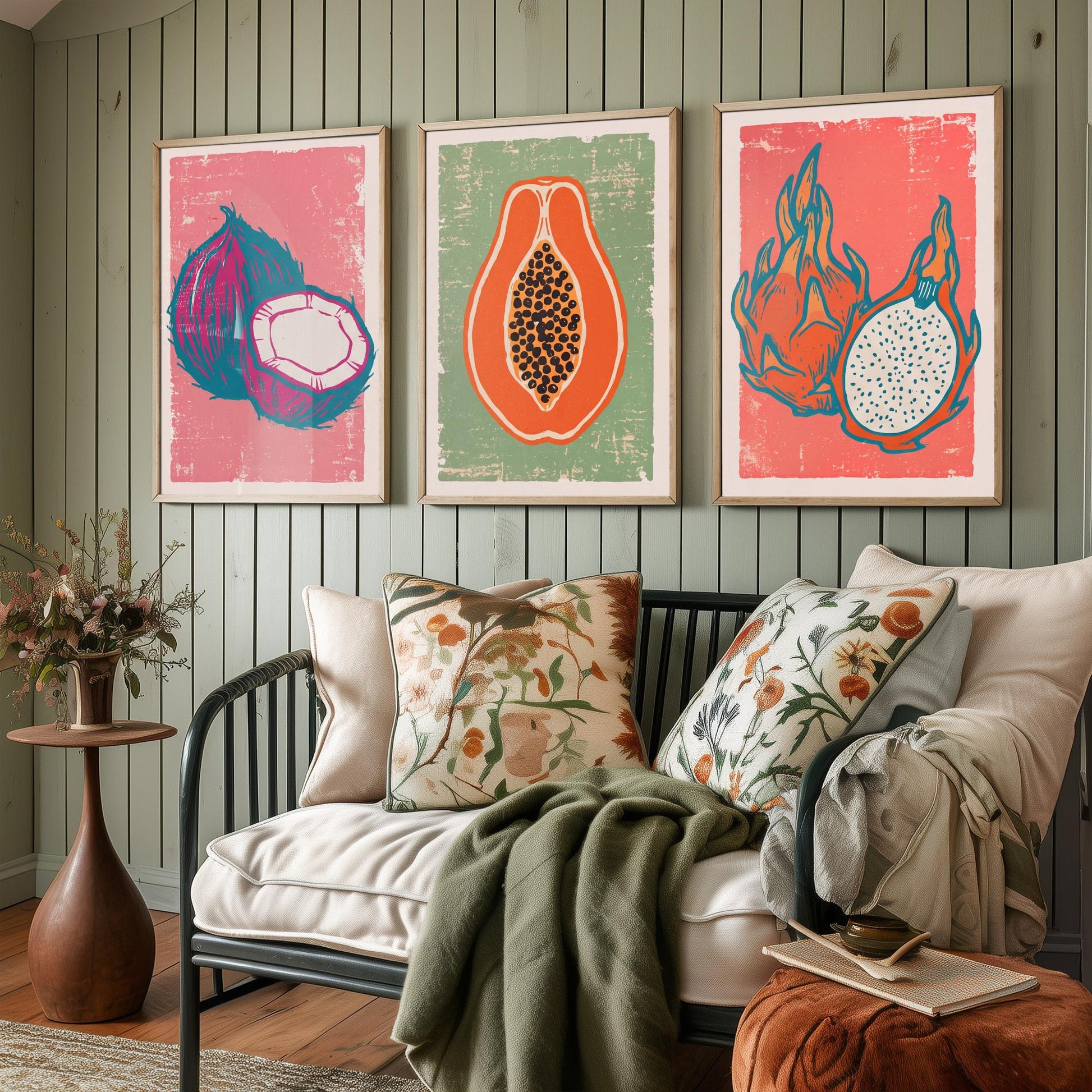 Set of Three Coconut, Papaya and Dragon Fruit Art Prints - Tropical Fruit Linocut Illustrations - Exotic Kitchen Posters V2