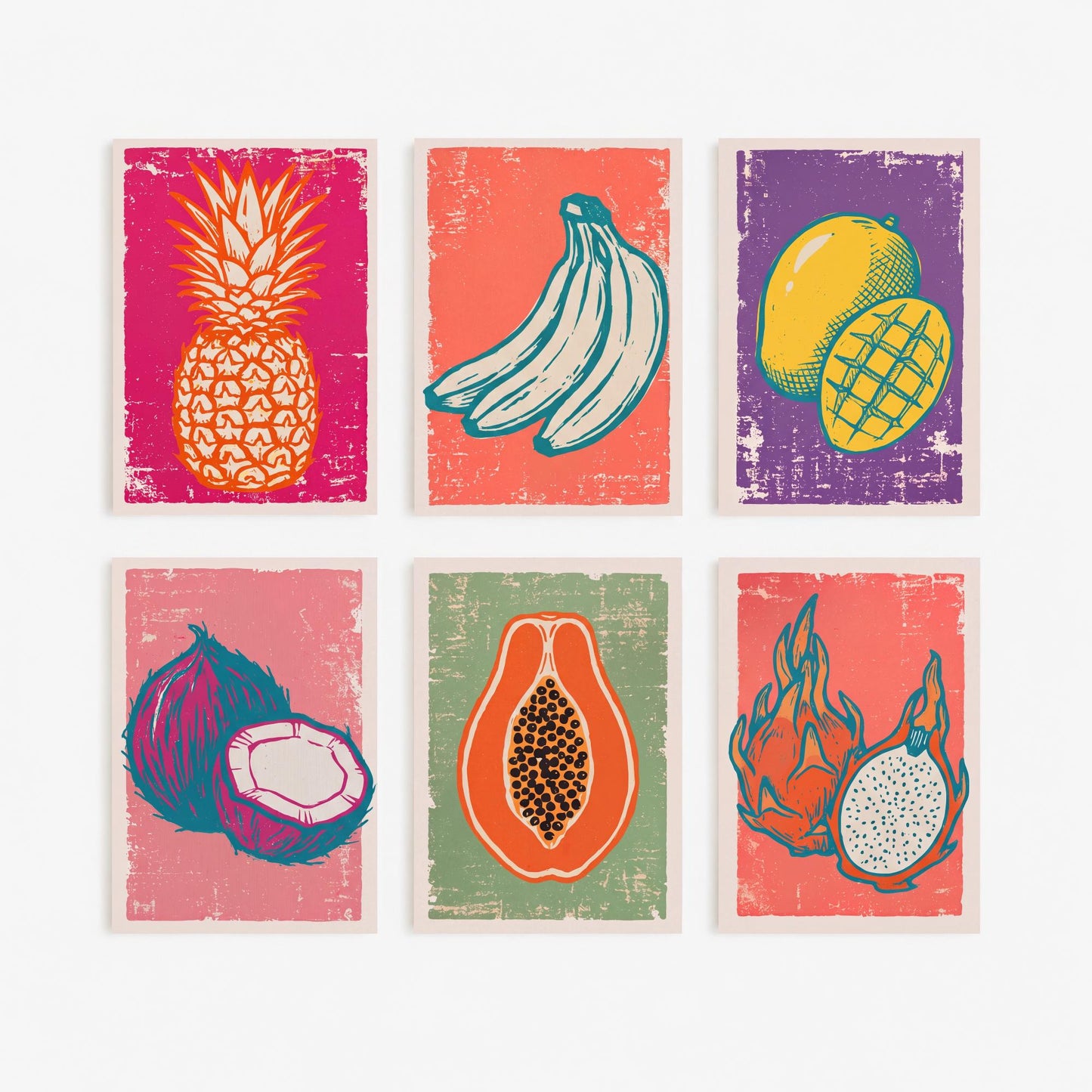 Set of Six Tropical Fruit Art Prints - 6 Linocut Fruit Illustrations - Pineapple, Bananas, Mango, Coconut, Papaya, Dragon Fruit Posters