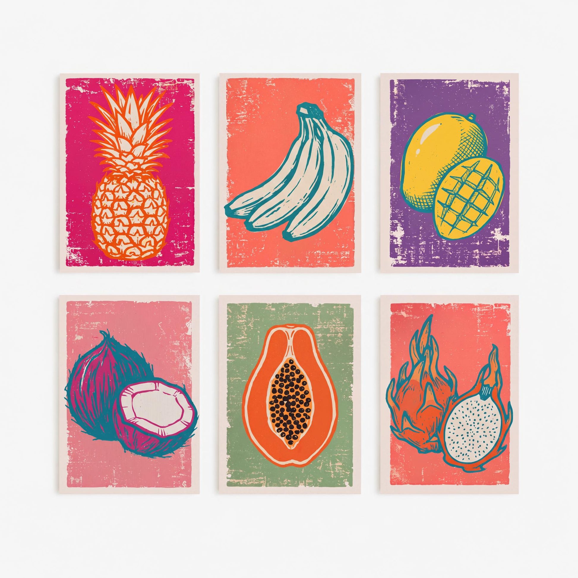 Set of Six Tropical Fruit Art Prints - 6 Linocut Fruit Illustrations - Pineapple, Bananas, Mango, Coconut, Papaya, Dragon Fruit Posters