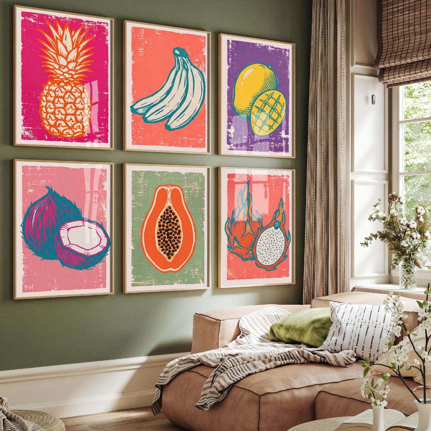 Set of Six Tropical Fruit Art Prints - 6 Linocut Fruit Illustrations - Pineapple, Bananas, Mango, Coconut, Papaya, Dragon Fruit Posters