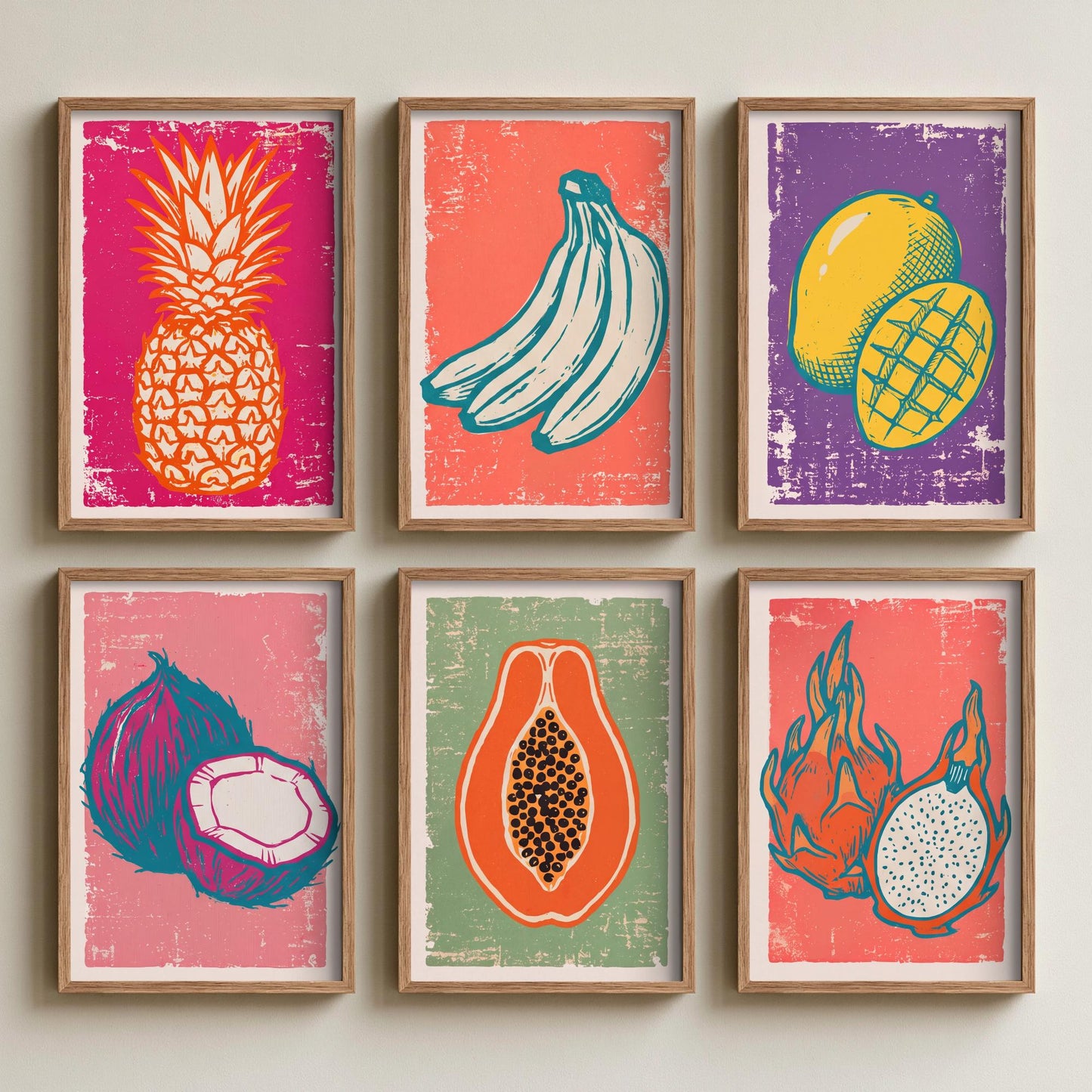 Set of Six Tropical Fruit Art Prints - 6 Linocut Fruit Illustrations - Pineapple, Bananas, Mango, Coconut, Papaya, Dragon Fruit Posters