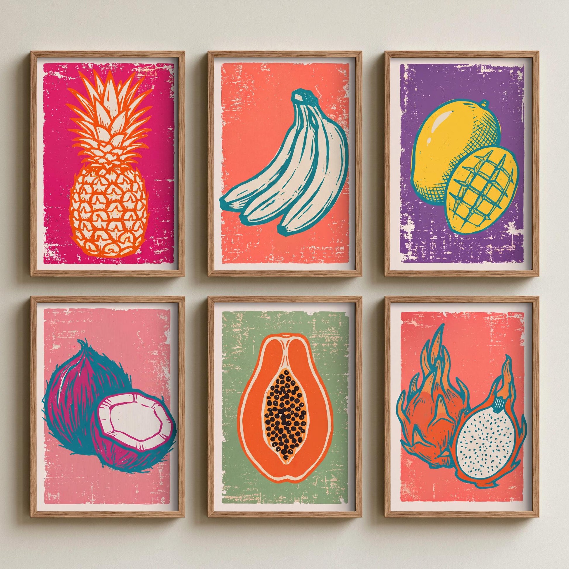 Set of Six Tropical Fruit Art Prints - 6 Linocut Fruit Illustrations - Pineapple, Bananas, Mango, Coconut, Papaya, Dragon Fruit Posters