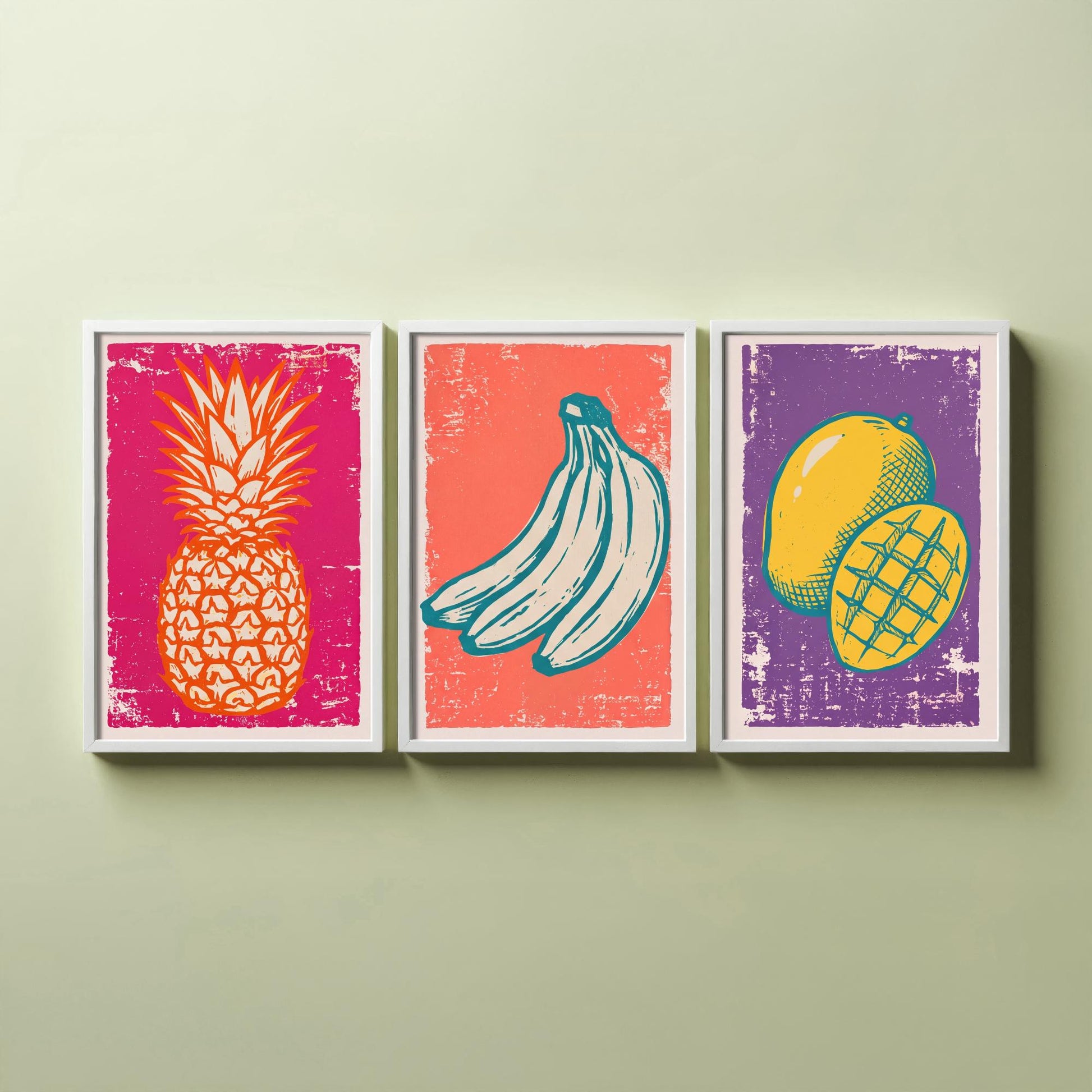 Set of Three Pineapple, Bananas and Mango Art Prints - Tropical Fruit Linocut Illustrations - Retro Kitchen Posters V1