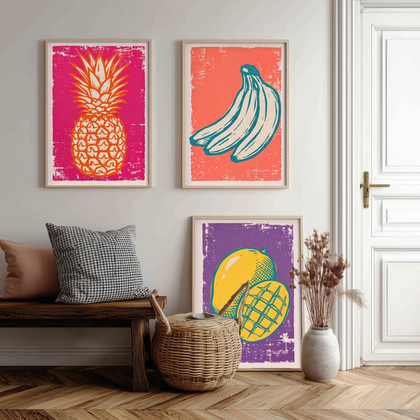 Set of Three Pineapple, Bananas and Mango Art Prints - Tropical Fruit Linocut Illustrations - Retro Kitchen Posters V1