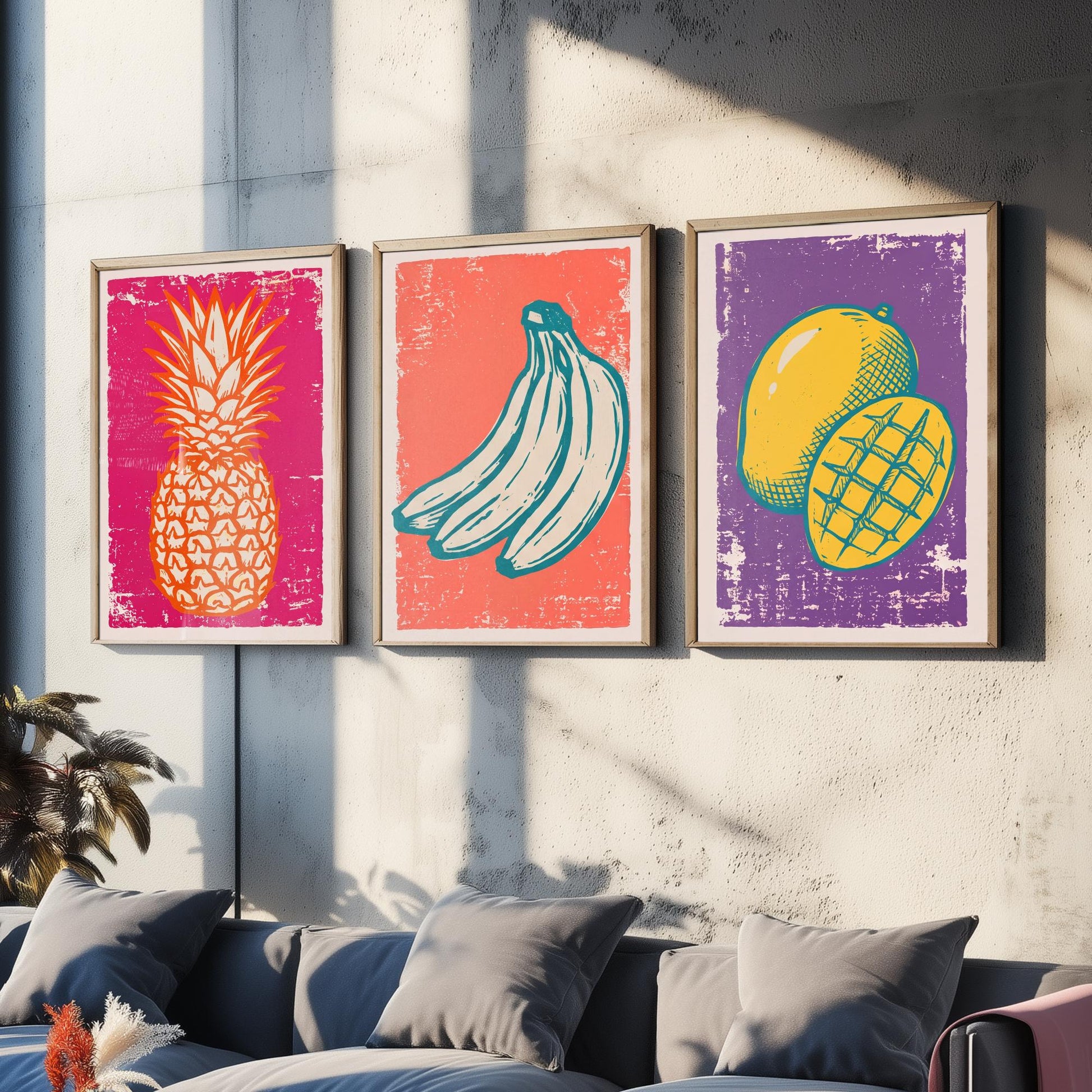 Set of Three Pineapple, Bananas and Mango Art Prints - Tropical Fruit Linocut Illustrations - Retro Kitchen Posters V1
