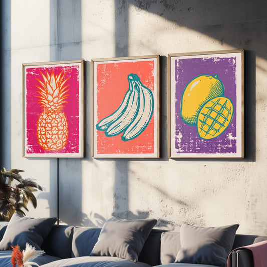Set of Three Pineapple, Bananas and Mango Art Prints - Tropical Fruit Linocut Illustrations - Retro Kitchen Posters V1