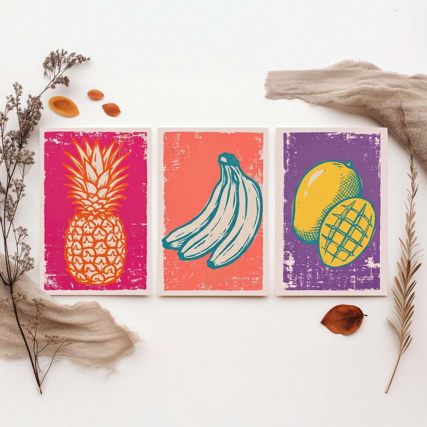Set of Three Pineapple, Bananas and Mango Art Prints - Tropical Fruit Linocut Illustrations - Retro Kitchen Posters V1