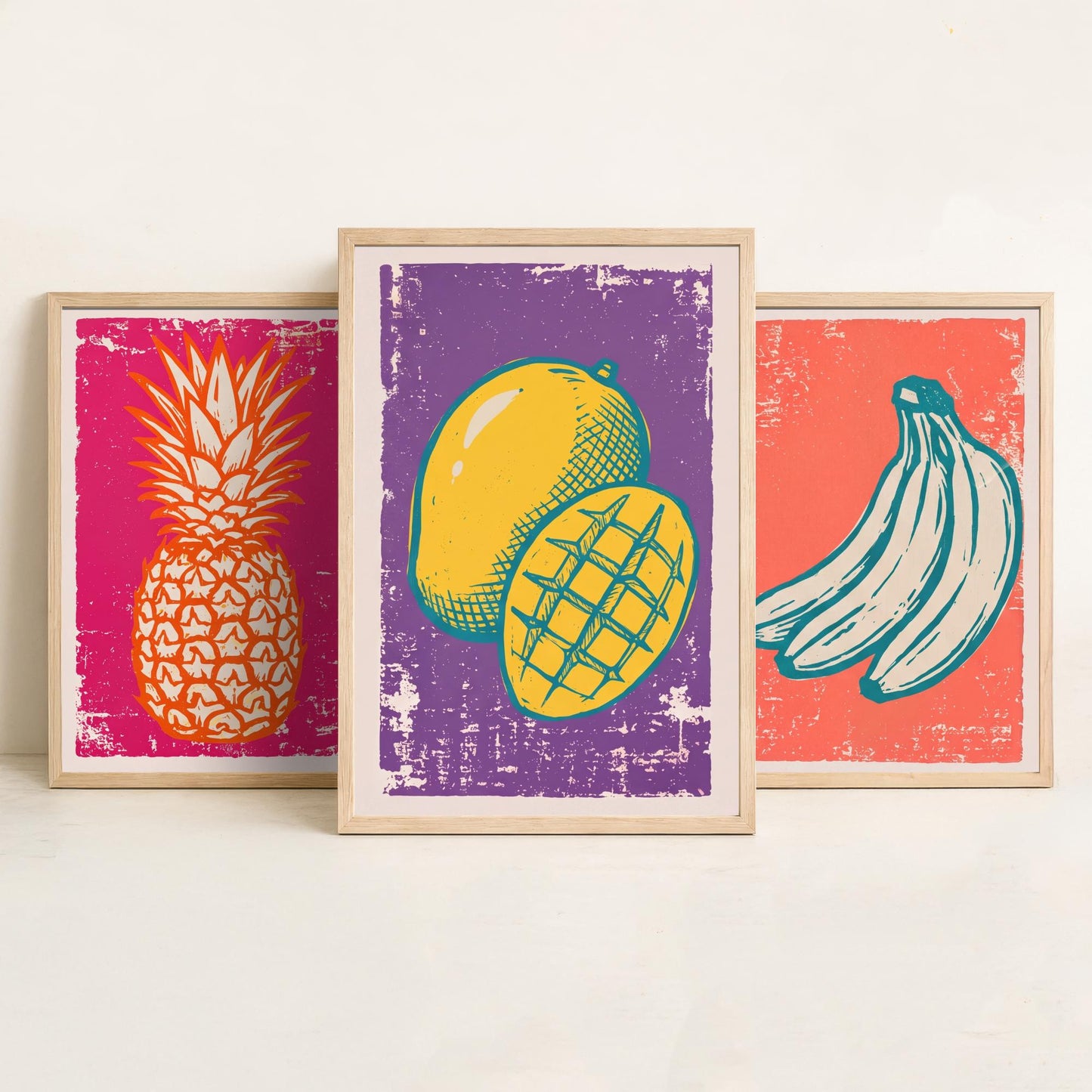 Set of Three Pineapple, Bananas and Mango Art Prints - Tropical Fruit Linocut Illustrations - Retro Kitchen Posters V1