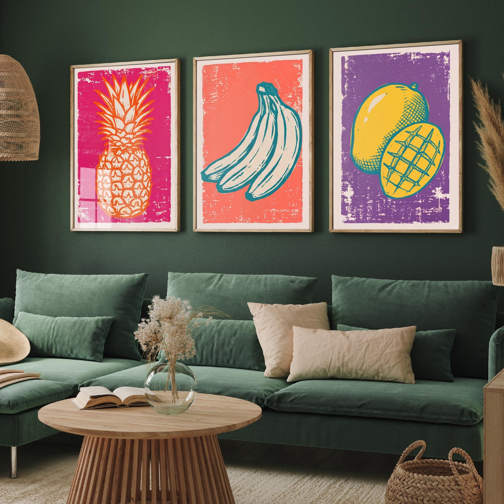 Set of Three Pineapple, Bananas and Mango Art Prints - Tropical Fruit Linocut Illustrations - Retro Kitchen Posters V1