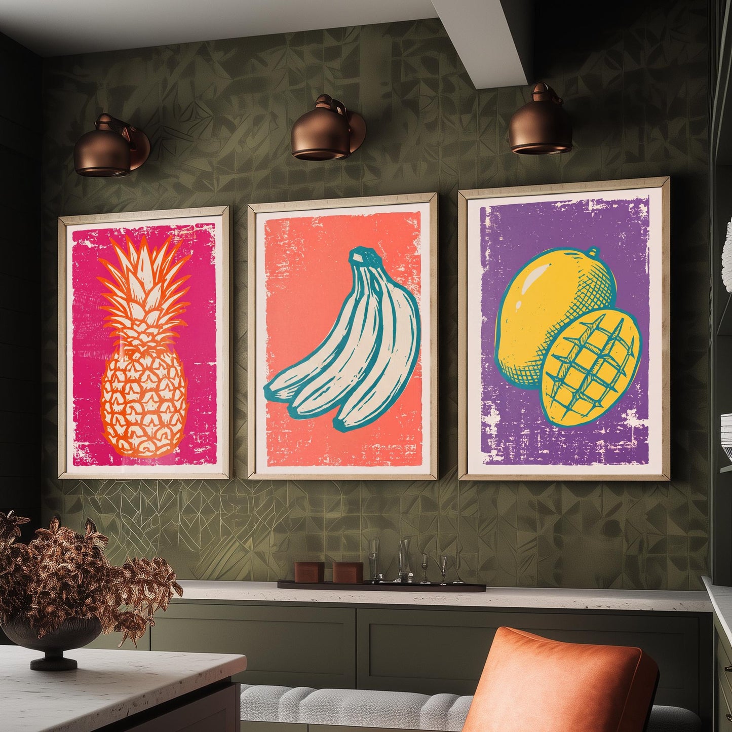 Set of Three Pineapple, Bananas and Mango Art Prints - Tropical Fruit Linocut Illustrations - Retro Kitchen Posters V1
