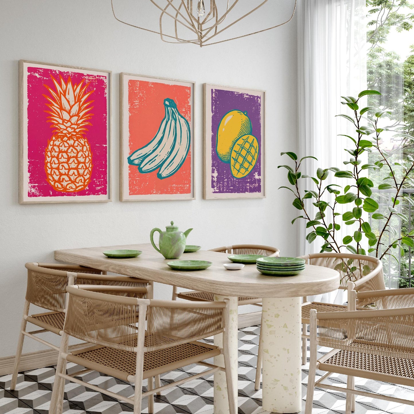 Set of Three Pineapple, Bananas and Mango Art Prints - Tropical Fruit Linocut Illustrations - Retro Kitchen Posters V1