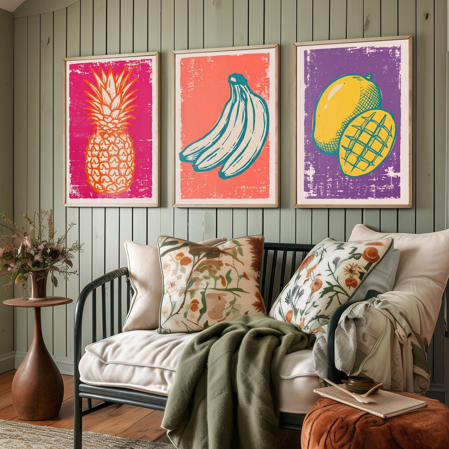 Set of Three Pineapple, Bananas and Mango Art Prints - Tropical Fruit Linocut Illustrations - Retro Kitchen Posters V1