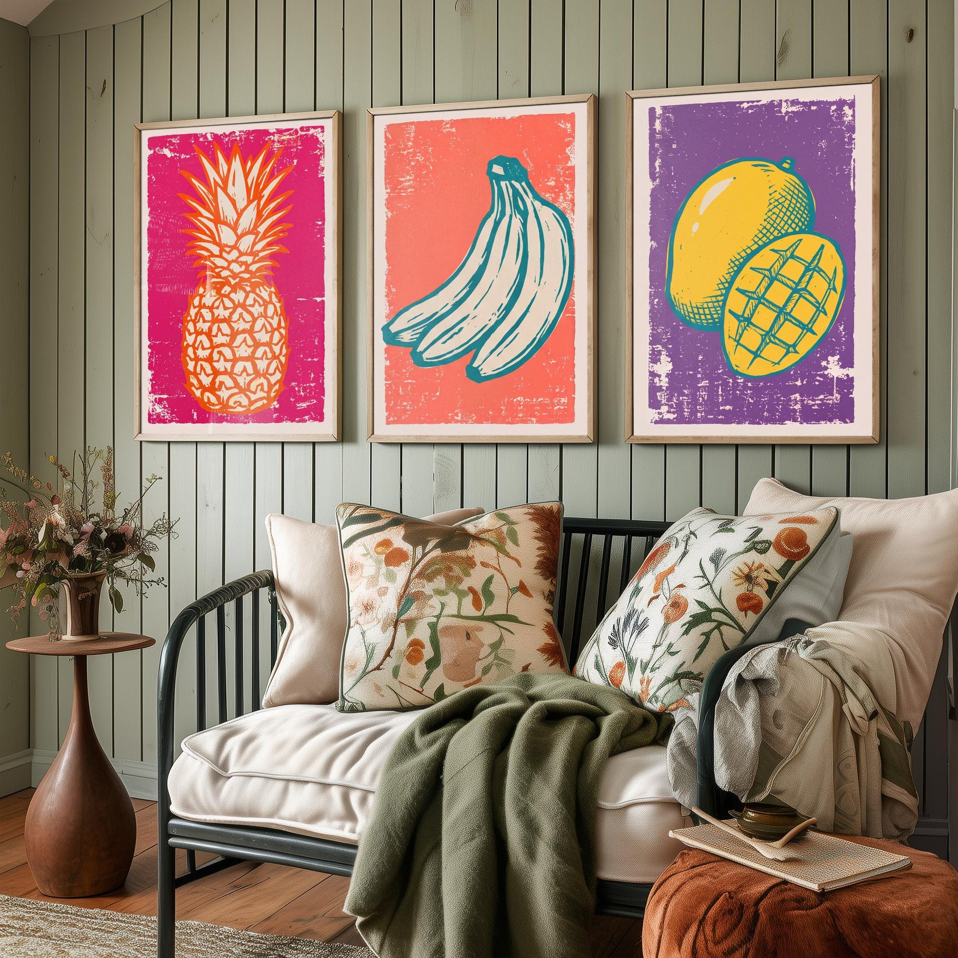 Set of Three Pineapple, Bananas and Mango Art Prints - Tropical Fruit Linocut Illustrations - Retro Kitchen Posters V1