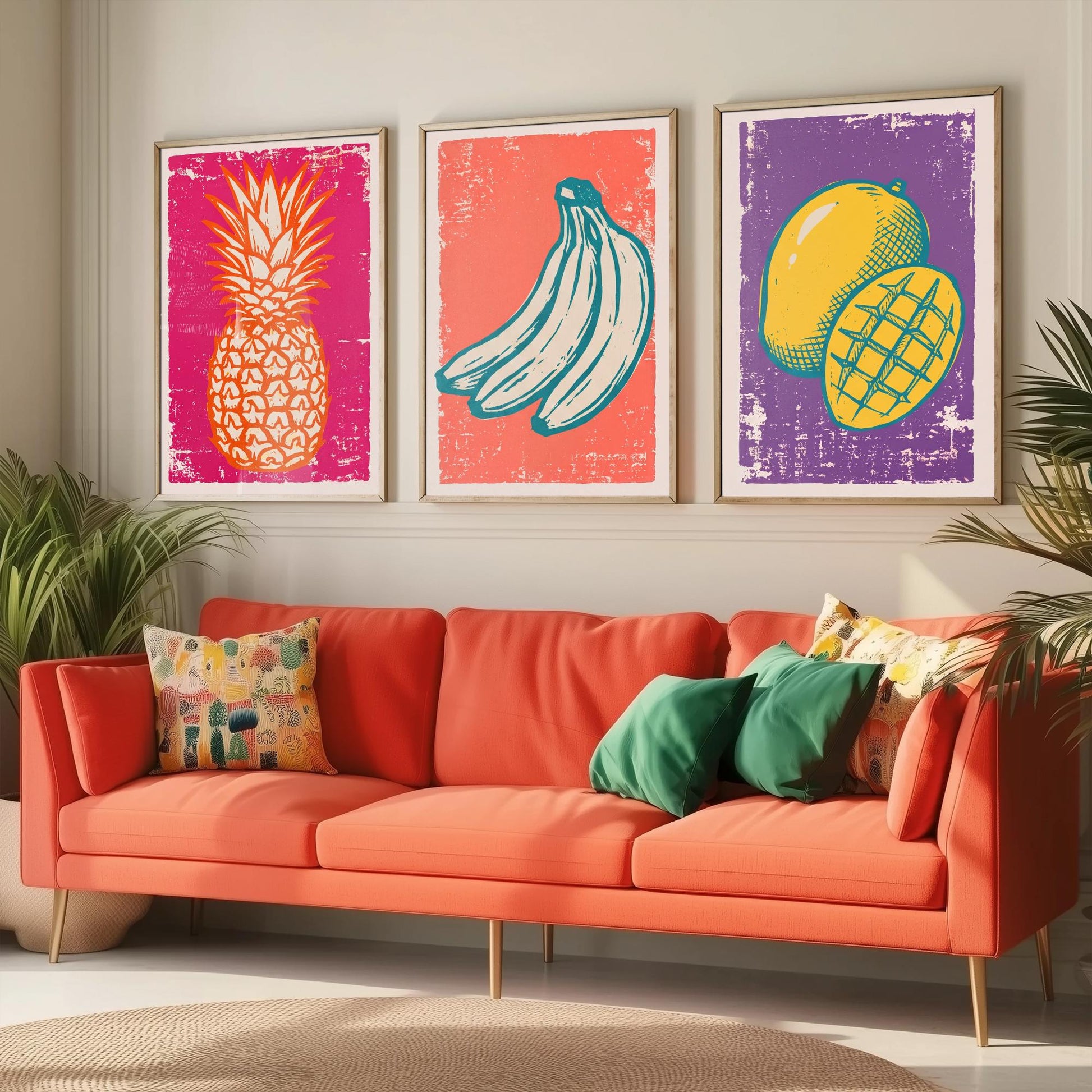 Set of Three Pineapple, Bananas and Mango Art Prints - Tropical Fruit Linocut Illustrations - Retro Kitchen Posters V1
