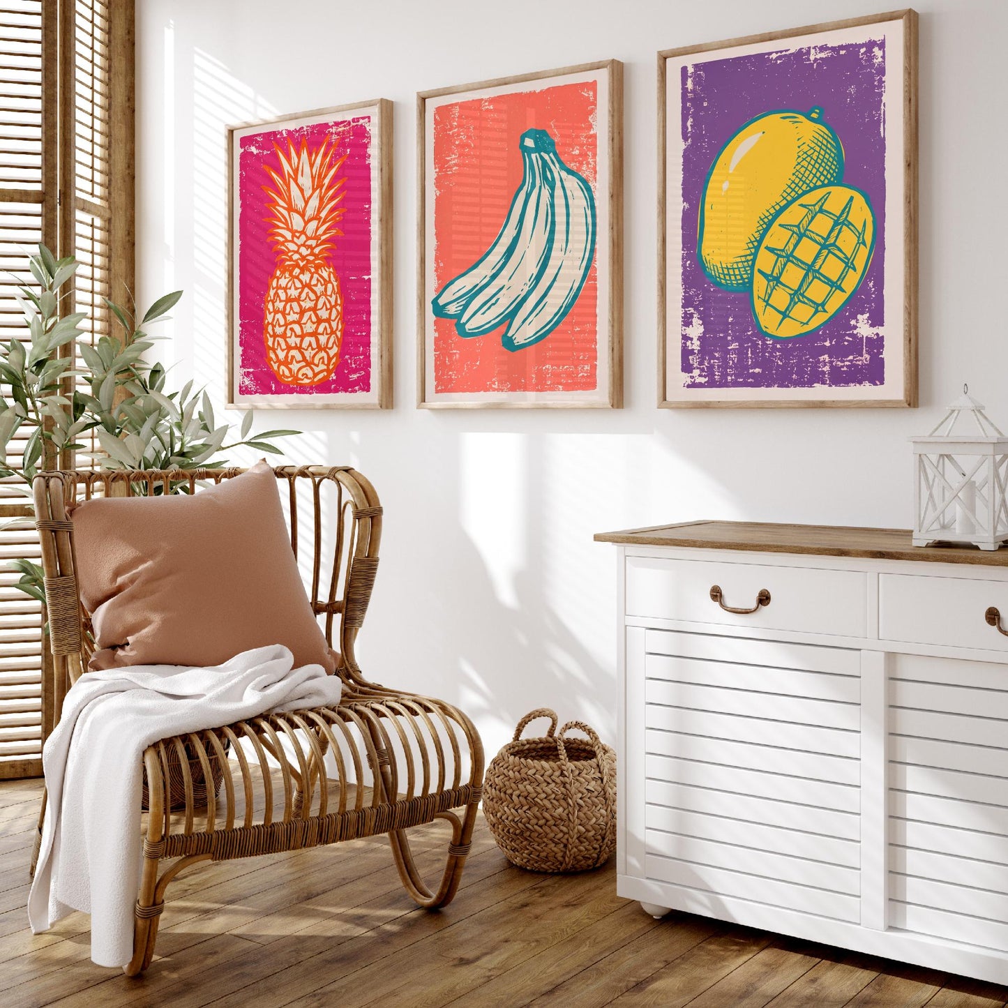 Set of Three Pineapple, Bananas and Mango Art Prints - Tropical Fruit Linocut Illustrations - Retro Kitchen Posters V1