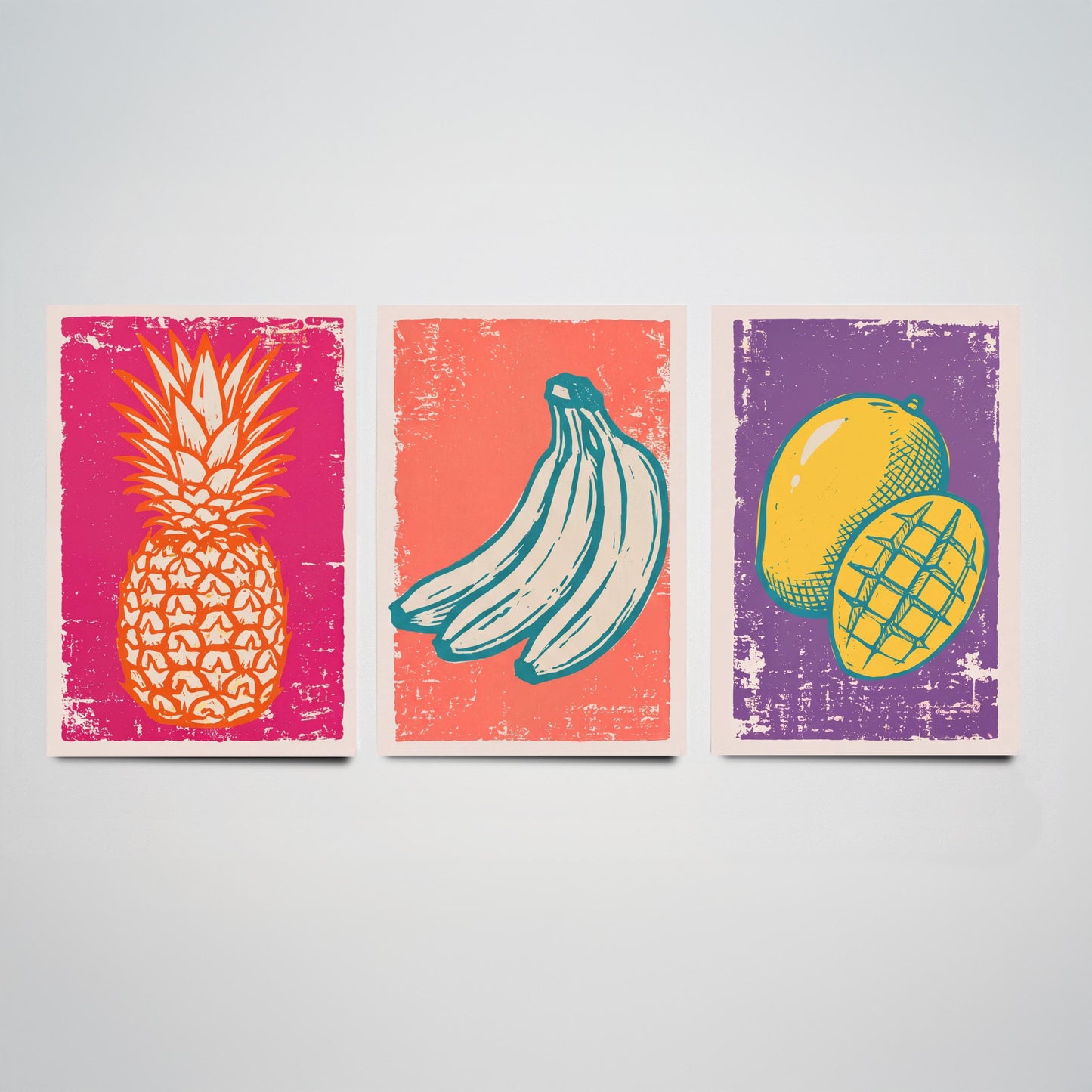 Set of Three Pineapple, Bananas and Mango Art Prints - Tropical Fruit Linocut Illustrations - Retro Kitchen Posters V1