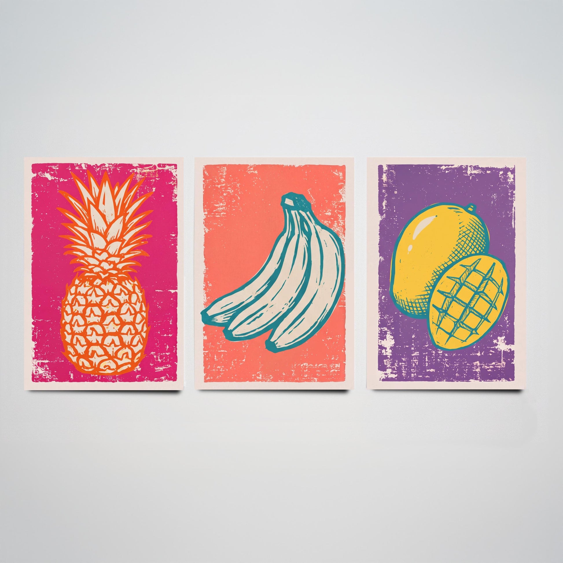 Set of Three Pineapple, Bananas and Mango Art Prints - Tropical Fruit Linocut Illustrations - Retro Kitchen Posters V1