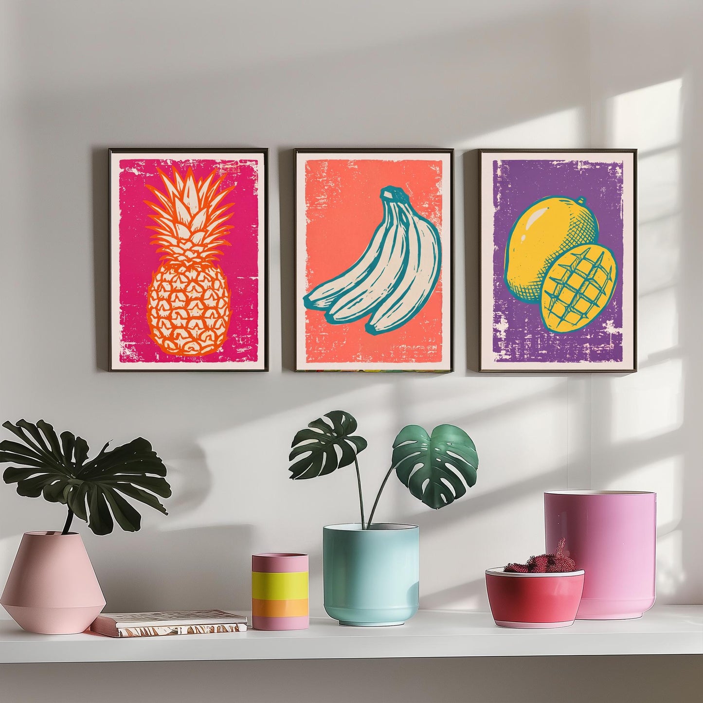 Set of Three Pineapple, Bananas and Mango Art Prints - Tropical Fruit Linocut Illustrations - Retro Kitchen Posters V1