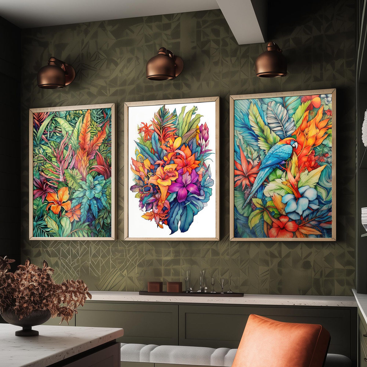 Tropical Ink Parrot Set of Three Art Prints - Jungle Leaves, Exotic Flower Bouquet, Macaw - Botanical Poster Illustration